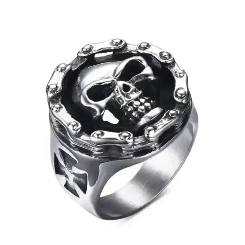 Bague en acier - Tête de mort enchaînée
