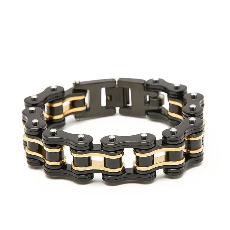 Bracelet biker chaine moto noir et or