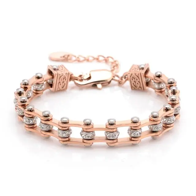 Bracelet biker chaine moto rose avec diamants