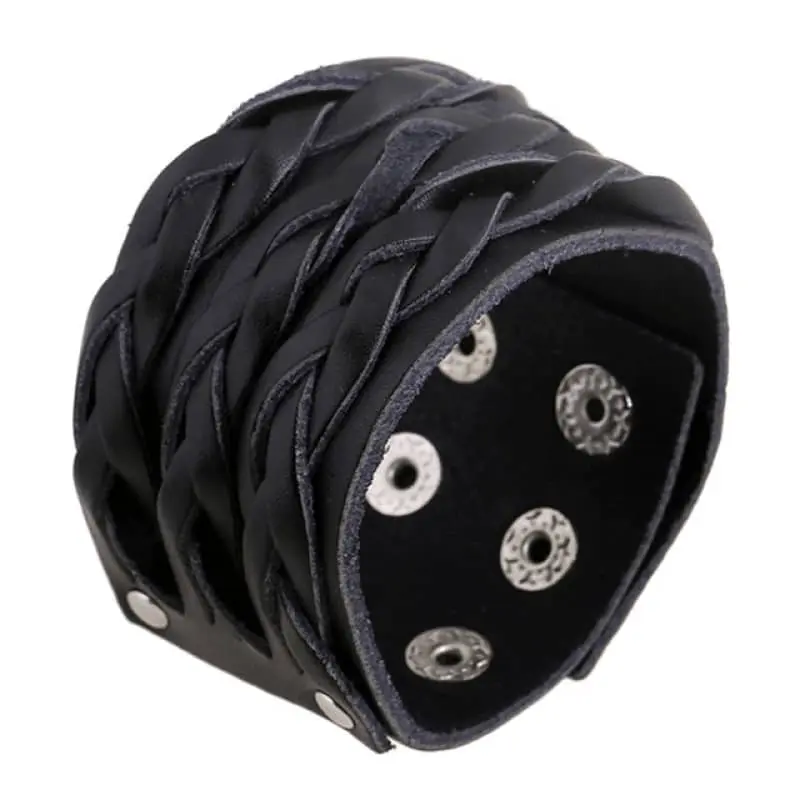 Bracelet biker en cuir noir tressé