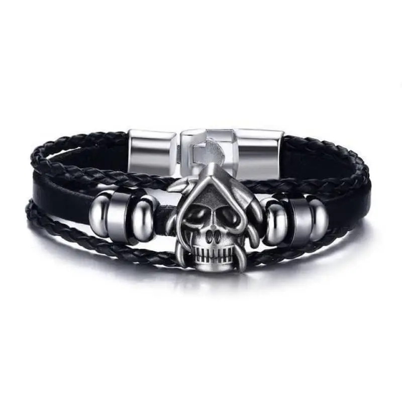 Bracelet biker en cuir - Tête de mort