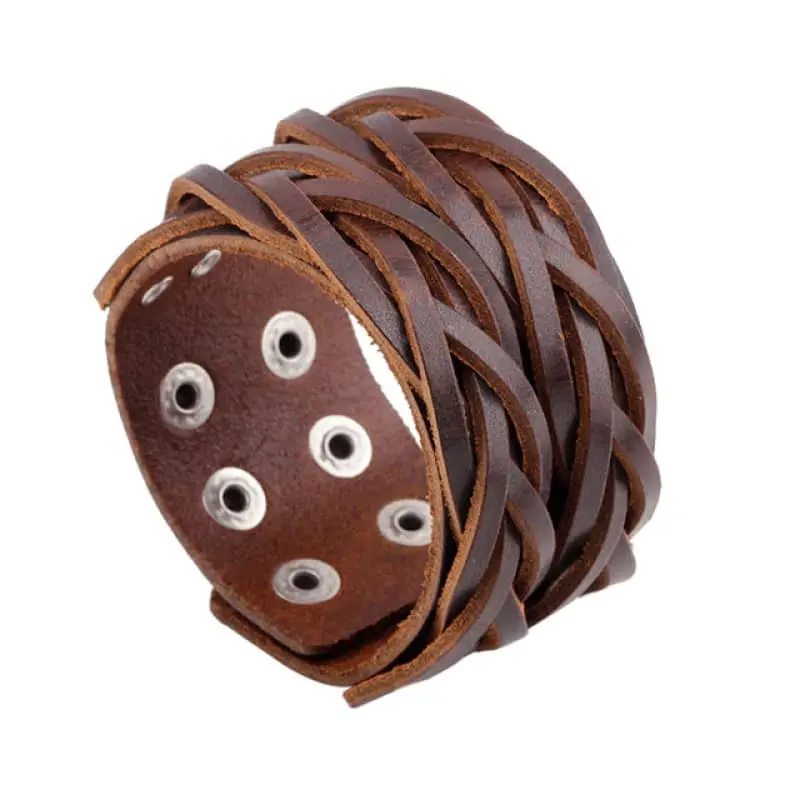 Bracelet biker en cuir tressé marron
