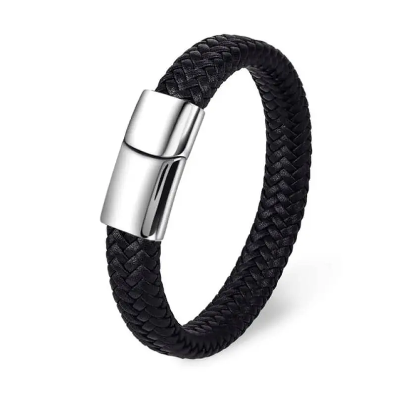 Bracelet biker en cuir tressé noir