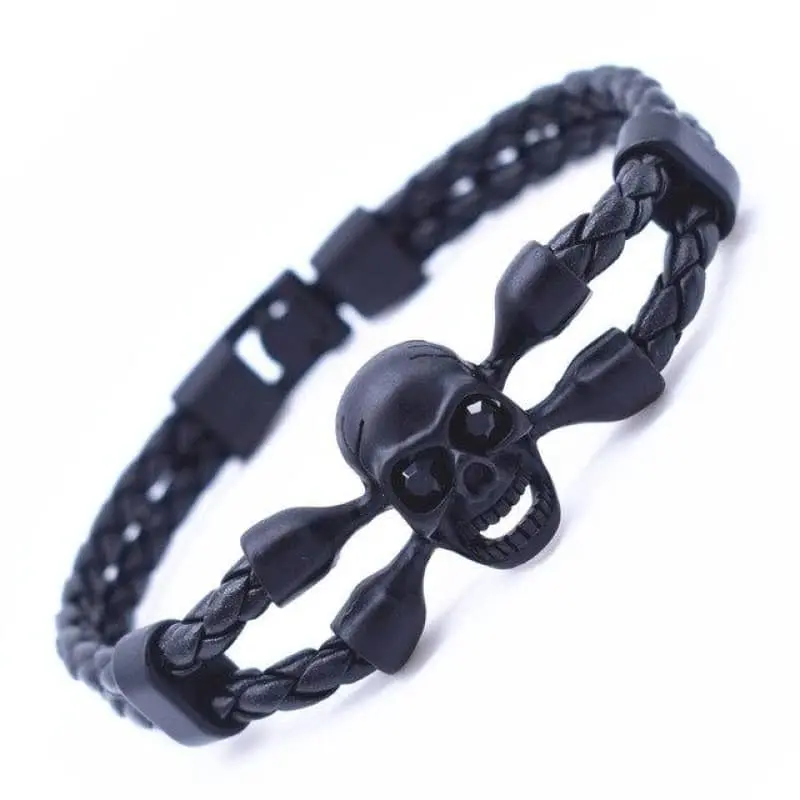 Bracelet biker tête de mort en cuir