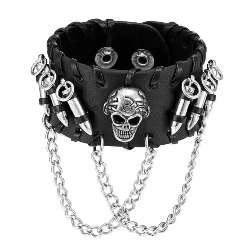 Bracelet gothique cuir avec tête de mort
