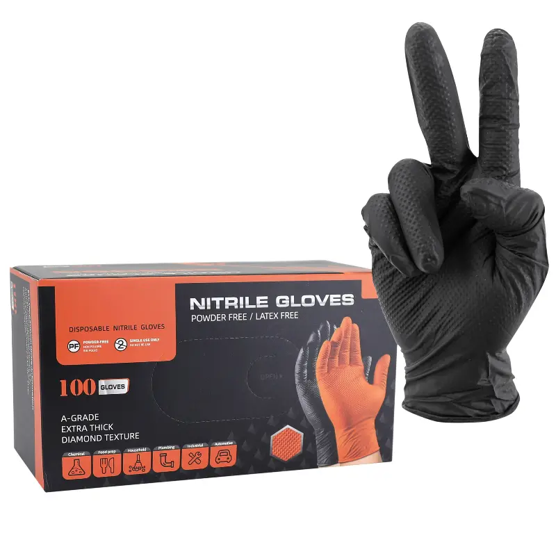 Gants Atelier Nitrile Diamond Texture Type Ecailles De Poisson Resistant Aux Produits Chimiques, Aux Huiles, A L'Essence Noir Homologué Ce T10 (XL) (Boite De 100)