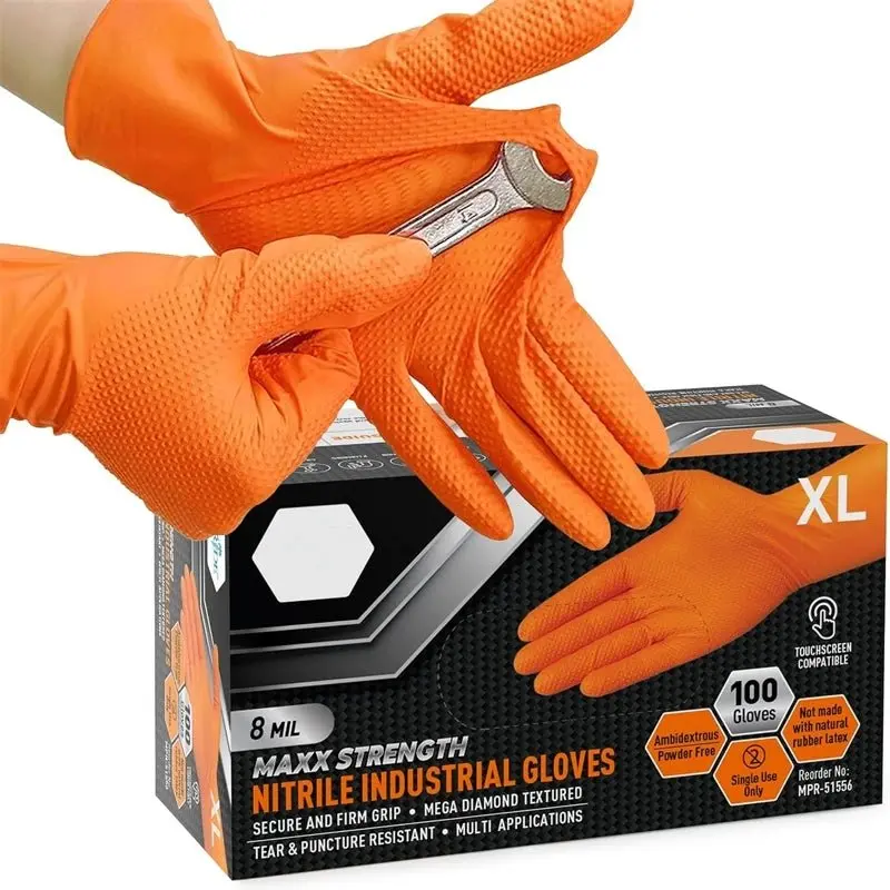 Gants Nitrile Orange Mécanicien 8 Mil – Texture Diamant, Jetables
