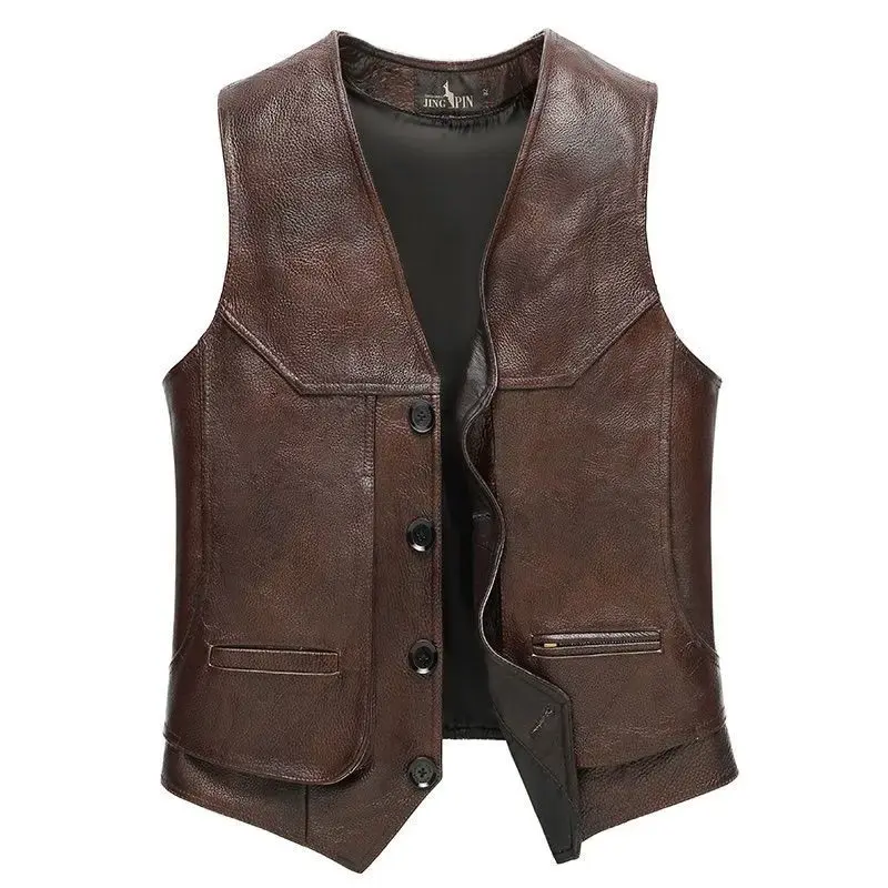 Gilet biker en cuir marron vintage