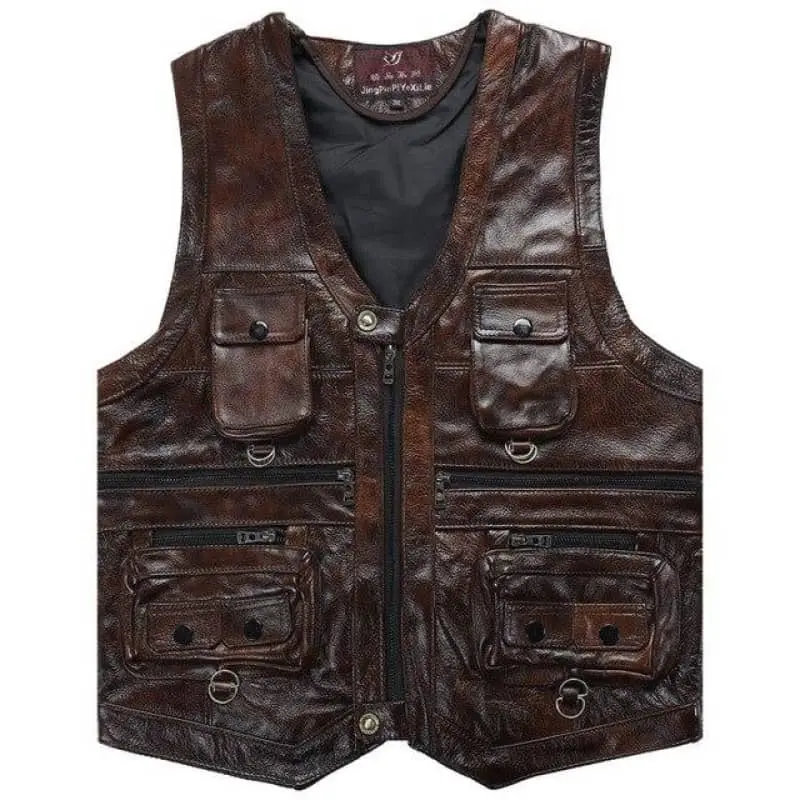 Gilet  biker sans manche en cuir marron