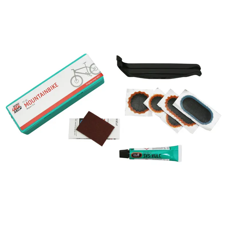 Kit Réparation Chambre A Air Tip Top Tt05 VTT Avec Outils- Boite (2 Patchs F0 15 mm + 1 F1 25 mm + 1 F2 45X15 mm+ 1 F2 Bleu Reinf + Colle 5G + Papier Ponce + 2 Demontes Pneus) Avec Notice (50601930)