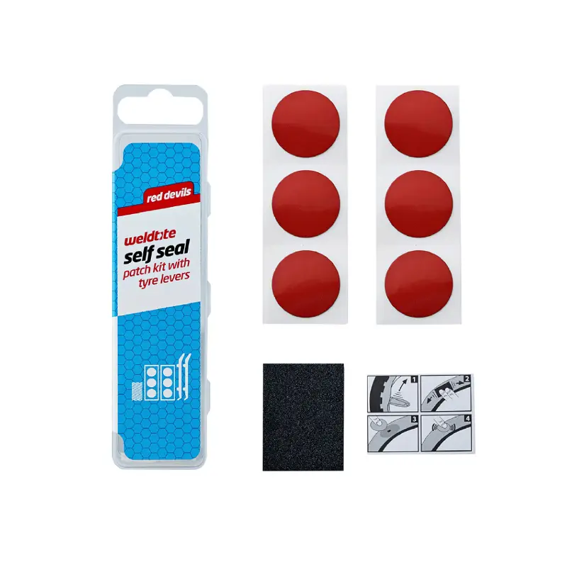 Kit Réparation Chambre A Air Weldtite Red Devils Avec Rustines Autocollantes-Autoadhesives Rouges - Boite (6 Rustines Autoadhesives 25 mm + Papier Ponce) Avec Notice