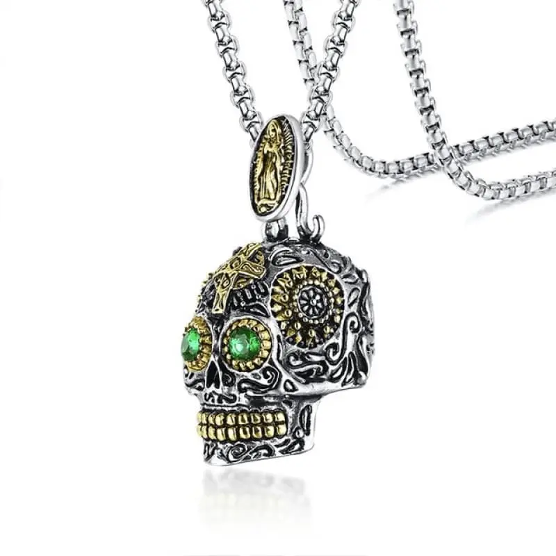Pendentif moto - Tête de mort aux yeux vert (Avec chaine)