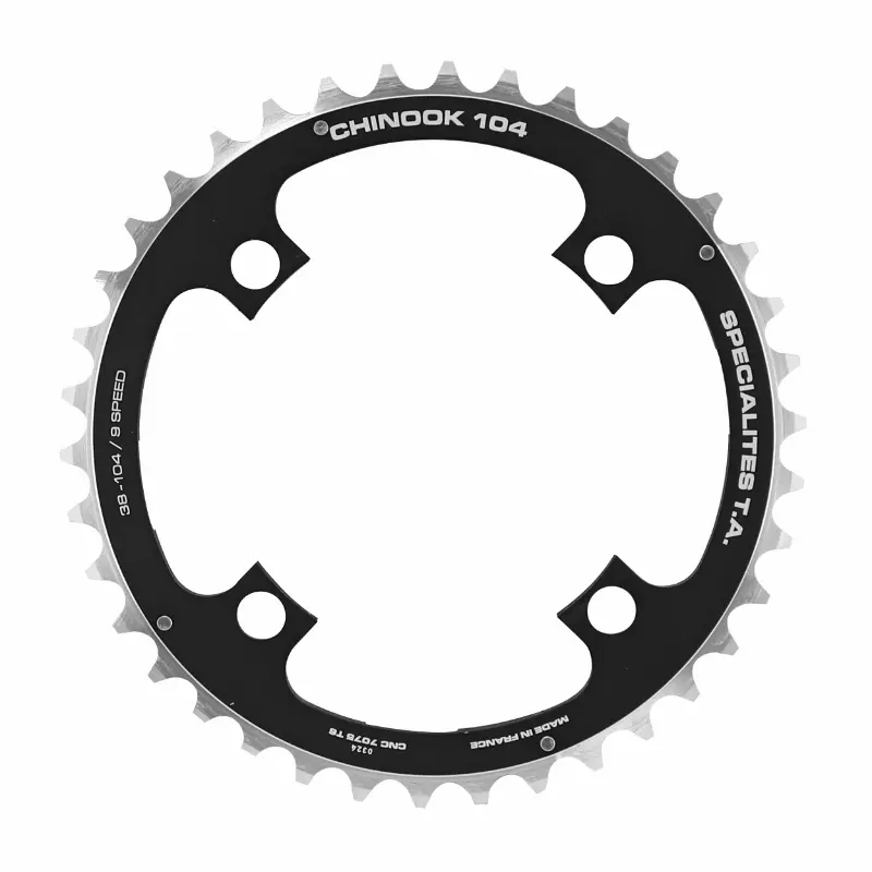 Plateau VTT 4 branches Ø 104 Ta Chinook Triple 38 dents Milieu Noir Alu Pour Shimano - Sram - Race Face - Fsa 8-9V.