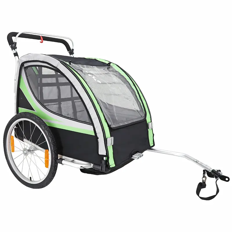 Remorque Vélo Enfant - Poussette Couverte 2 Places En Alu Maxi 36Kg Colori Vert-Noir Avec Roues 20" -Fixation Axe De Roue - Livre Avec Roue Avant + Poignée Frein - Montage Rapide Sans Outil