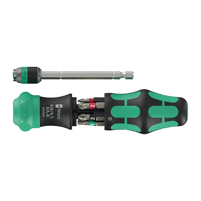 Tournevis Porte Embout Wera 818 20 Ra-R 1-4 Noir-Vert Avec Porte Embout Rapidaptor, Reserve D'Embout Intégrée (Fonction Cliquet, Lame Télescopique) -Marque Allemande Pour Les Ateliers-